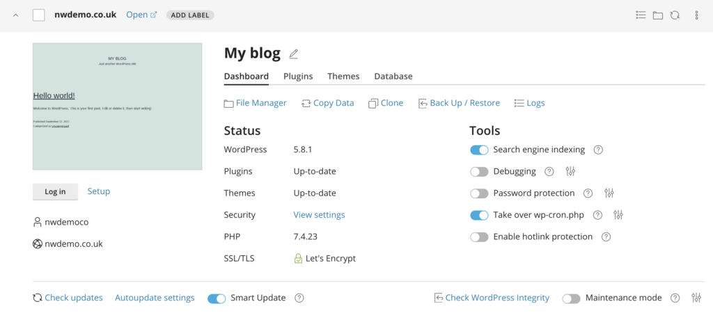 WordPress Toolkit Main Menu
