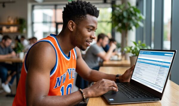 Man in cafe using phpBB on laptop